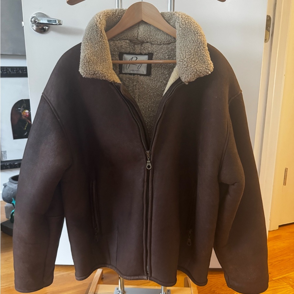 Remy Leather Brown Bomber Jacket with Cream Collar